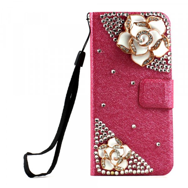 Wholesale iPhone 5 5S Crystal Flip Leather Wallet Case with Stand Strap (Double Flower Pink)